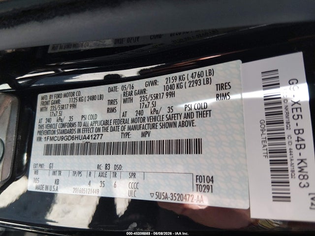 Ford ESCAPE SE 2017 1FMCU9GD6HUA41277 Image 9