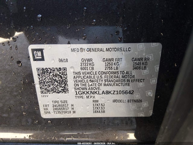 45336261 :رقم المزاد ، 1GKKNKLA8KZ105642 vin ، 2019 Gmc Acadia Sle-1 مزاد بيع