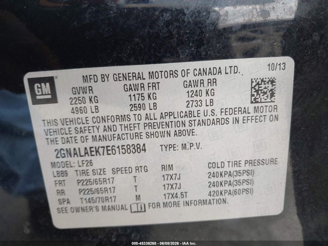 45336268 :رقم المزاد ، 2GNALAEK7E6158384 vin ، 2014 Chevrolet Equinox Ls مزاد بيع