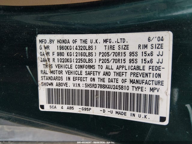 45336287 :رقم المزاد ، SHSRD788X4U245810 vin ، 2004 Honda Cr-v Ex مزاد بيع