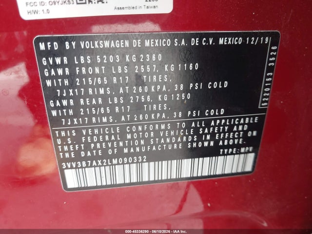 Продаж на аукціоні авто 2020 Volkswagen Tiguan 2.0t Se/2.0t Se R-line Black/2.0t Sel, vin: 3VV3B7AX2LM090332, номер лоту: 45336290