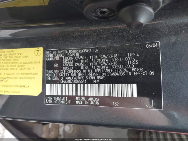 Aukcja sprzedaży 2005 Lexus Rx 330, vin: JTJHA31U750075544, numer aukcji: 45336296