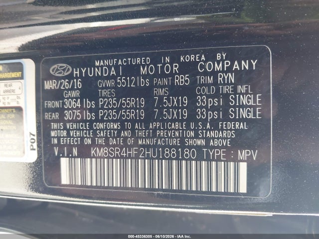 Aukcja sprzedaży 2017 Hyundai Santa Fe Limited Ultimate, vin: KM8SR4HF2HU188180, numer aukcji: 45336305