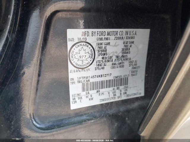 45336309 :رقم المزاد ، 1FTPW14574KB12717 vin ، 2004 Ford F-150 Fx4/lariat/xlt مزاد بيع