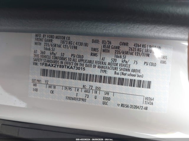 45336324 :رقم المزاد ، 1FBAX2Y89TKA73015 vin ، 2026 Ford Transit-350 Passenger Van Xlt مزاد بيع