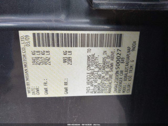 Aukcja sprzedaży 2009 Nissan Altima 2.5 S, vin: 1N4AL21EX9N500027, numer aukcji: 45336344