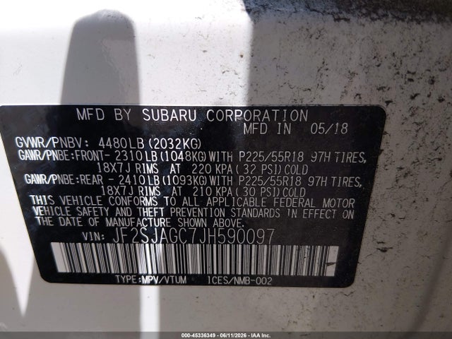 Aukcja sprzedaży 2018 Subaru Forester 2.5i Premium, vin: JF2SJAGC7JH590097, numer aukcji: 45336349