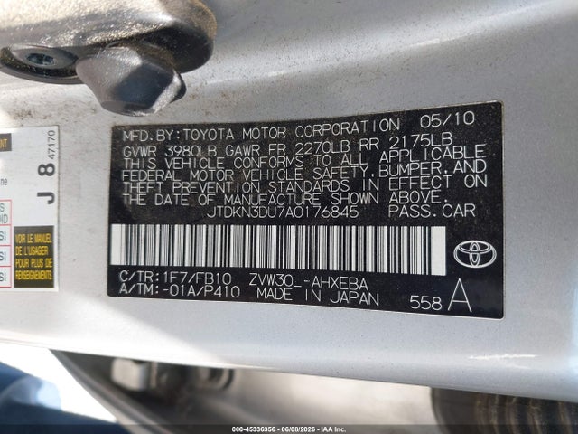 Aukcja sprzedaży 2010 Toyota Prius Iii, vin: JTDKN3DU7A0176845, numer aukcji: 45336356