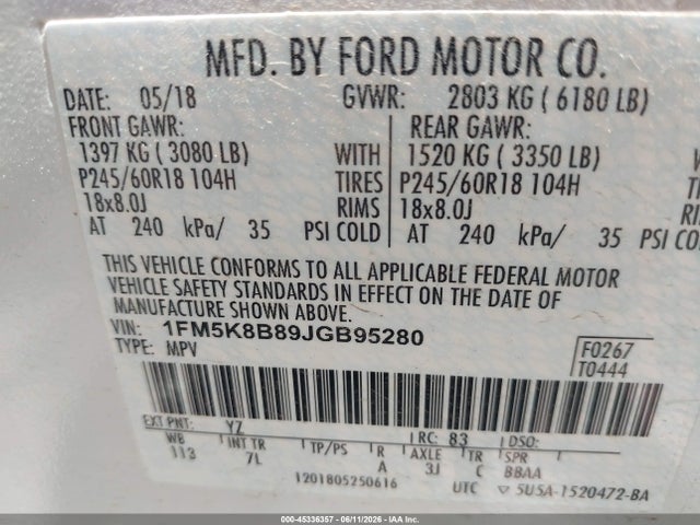 1FM5K8B89JGB95280 Ford Explorer