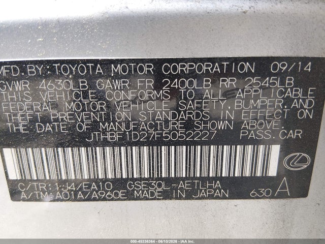 Продажа на аукционе авто 2015 Lexus Is 250, vin: JTHBF1D27F5052227, номер лота: 45336364