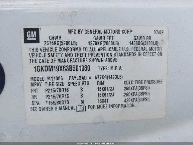 2003 Gmc Safari მანქანა იყიდება აუქციონზე, vin: 1GKDM19X63B501080, აუქციონის ნომერი: 45336371