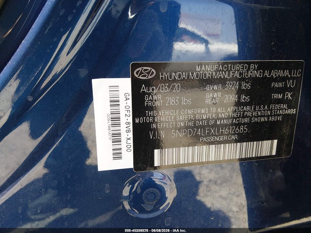 Продаж на аукціоні авто 2020 Hyundai Elantra Se, vin: 5NPD74LFXLH612685, номер лоту: 45336375