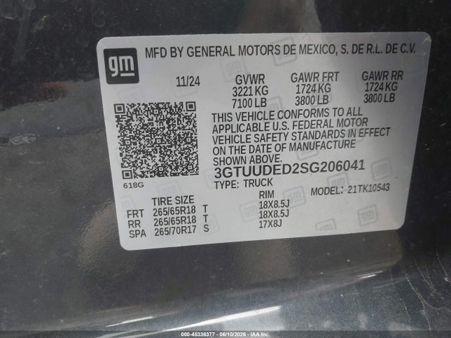 Продаж на аукціоні авто 2025 Gmc Sierra 1500 4wd  Short Box Slt, vin: 3GTUUDED2SG206041, номер лоту: 45336377