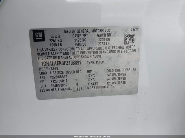 Chevrolet EQUINOX LS 2015 1GNALAEK8FZ108891 Image 9