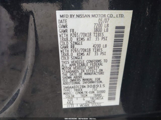 2008 Nissan Titan Se მანქანა იყიდება აუქციონზე, vin: 1N6AA07C28N308915, აუქციონის ნომერი: 45336396