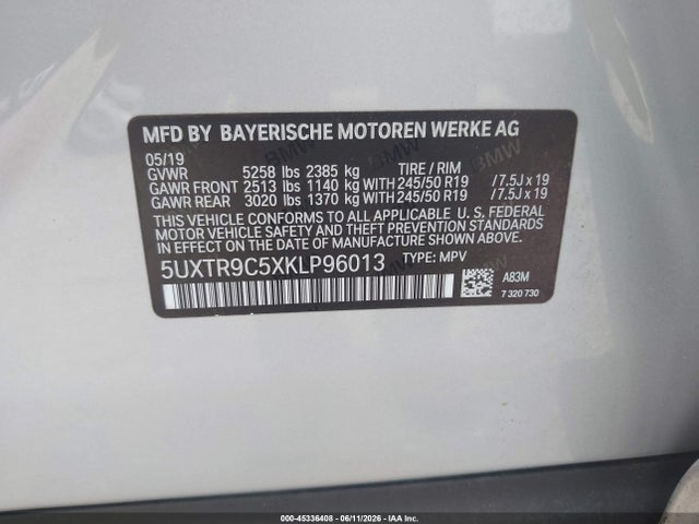 2019 Bmw X3 Xdrive30i მანქანა იყიდება აუქციონზე, vin: 5UXTR9C5XKLP96013, აუქციონის ნომერი: 45336408