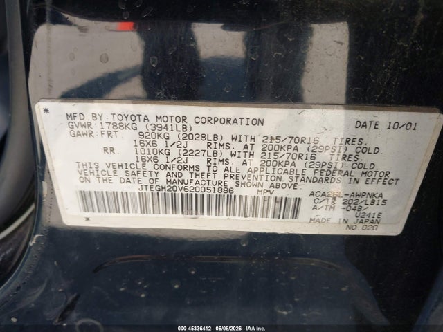Aukcja sprzedaży 2002 Toyota Rav4, vin: JTEGH20V620051886, numer aukcji: 45336412