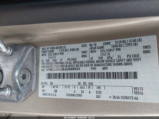 45336416 :رقم المزاد ، 1FMCU9GD8JUD08523 vin ، 2018 Ford Escape Se مزاد بيع