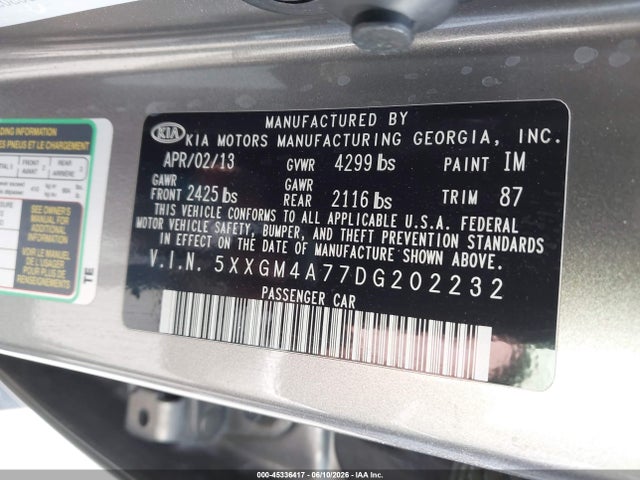 2013 Kia Optima Lx მანქანა იყიდება აუქციონზე, vin: 5XXGM4A77DG202232, აუქციონის ნომერი: 45336417