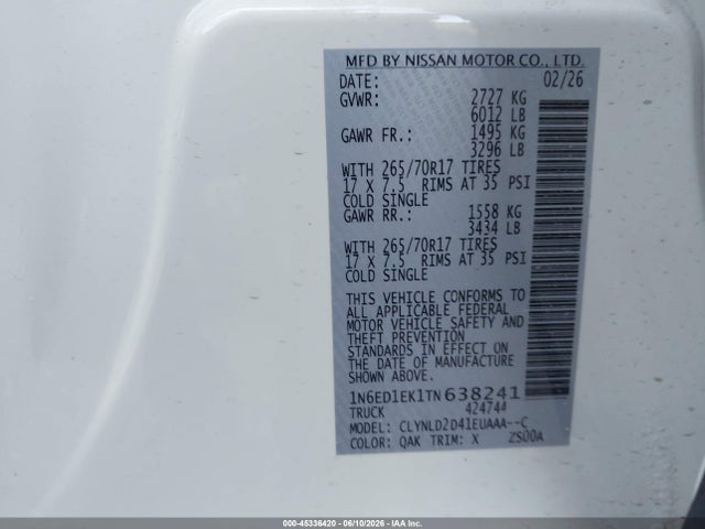 2026 Nissan Frontier Pro-4x 4x4 მანქანა იყიდება აუქციონზე, vin: 1N6ED1EK1TN638241, აუქციონის ნომერი: 45336420