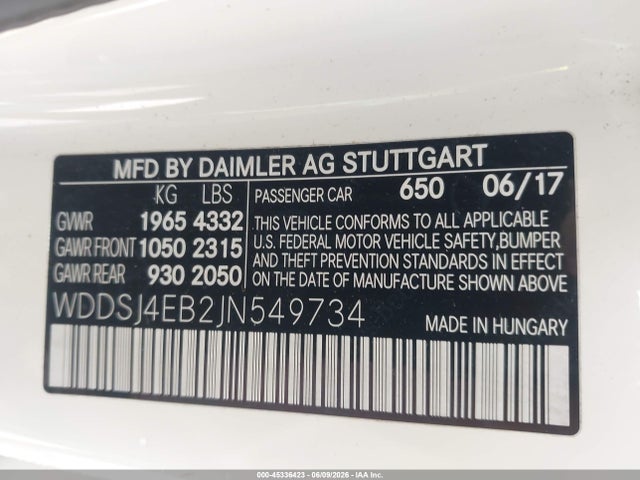 Aukcja sprzedaży 2018 Mercedes-benz Cla 250, vin: WDDSJ4EB2JN549734, numer aukcji: 45336423