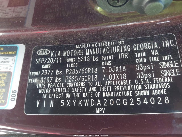 Aukcja sprzedaży 2012 Kia Sorento Sx V6, vin: 5XYKWDA20CG254028, numer aukcji: 45336424