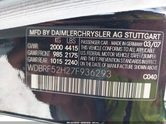 45336429 :رقم المزاد ، WDBRF52H27F936293 vin ، 2007 Mercedes-benz C 230 Sport مزاد بيع