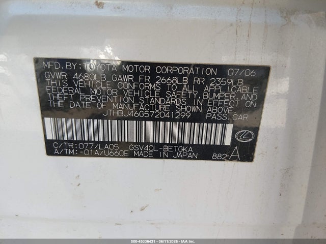 Aukcja sprzedaży 2007 Lexus Es 350, vin: JTHBJ46G572041299, numer aukcji: 45336431