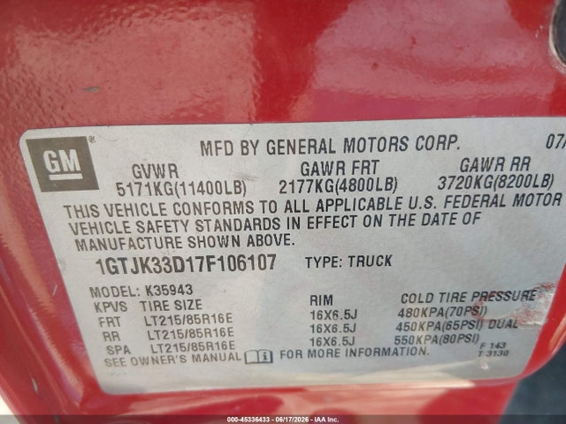 2007 Gmc Sierra 3500 Classic Sle1 მანქანა იყიდება აუქციონზე, vin: 1GTJK33D17F106107, აუქციონის ნომერი: 45336433