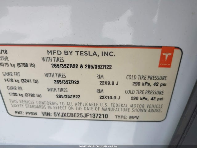 Tesla Model X 100d/75d/p100d 2018 5YJXCBE25JF137210 Image 9