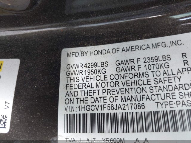 2018 Honda Accord Ex-l მანქანა იყიდება აუქციონზე, vin: 1HGCV1F56JA217086, აუქციონის ნომერი: 45336438