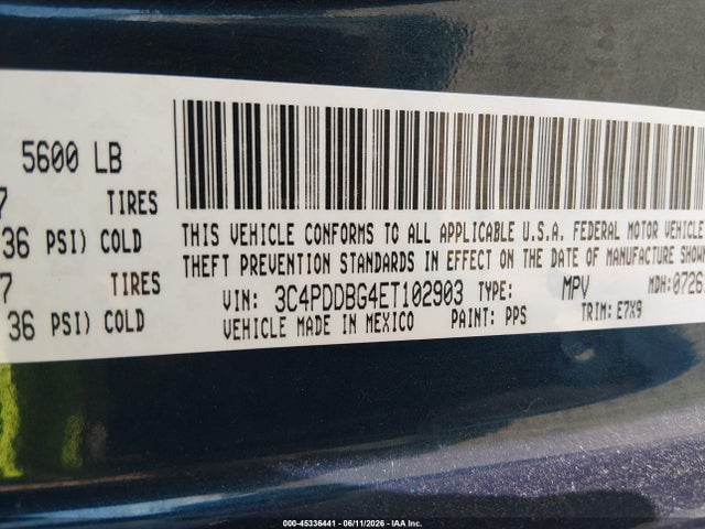 2014 Dodge Journey Sxt მანქანა იყიდება აუქციონზე, vin: 3C4PDDBG4ET102903, აუქციონის ნომერი: 45336441