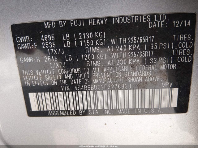 45336444 :رقم المزاد ، 4S4BSBDC2F3276833 vin ، 2015 Subaru Outback 2.5i Premium مزاد بيع