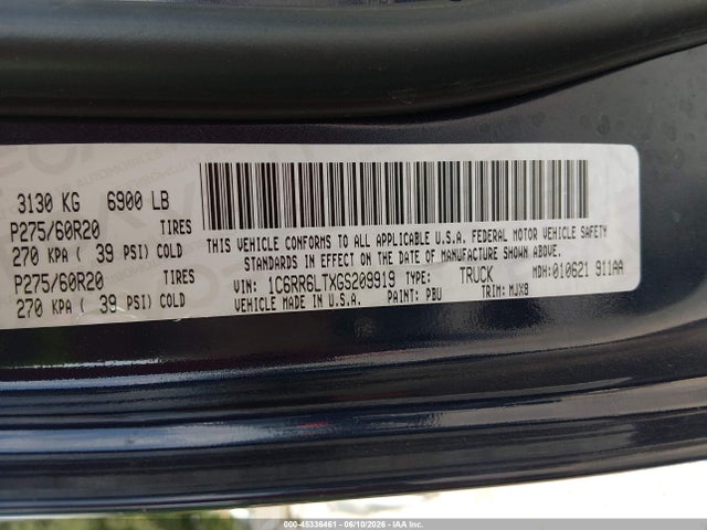 2016 Ram 1500 Slt მანქანა იყიდება აუქციონზე, vin: 1C6RR6LTXGS209919, აუქციონის ნომერი: 45336461