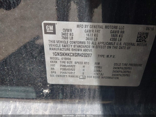Aukcja sprzedaży 2016 Chevrolet Suburban Lt, vin: 1GNSKHKCXGR420287, numer aukcji: 45336481