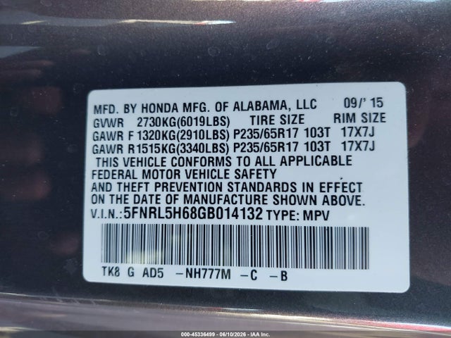 5FNRL5H68GB014132 Honda Odyssey Ex-l
