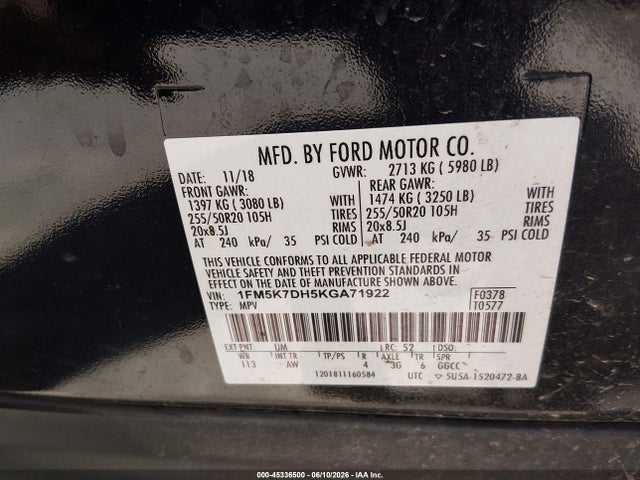 Aukcja sprzedaży 2019 Ford Explorer Xlt, vin: 1FM5K7DH5KGA71922, numer aukcji: 45336500