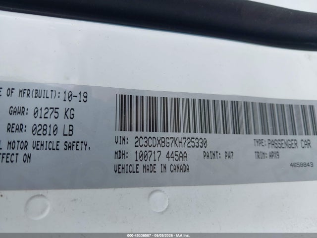Продажа на аукционе авто 2019 Dodge Charger Sxt Rwd, vin: 2C3CDXBG7KH725330, номер лота: 45336507