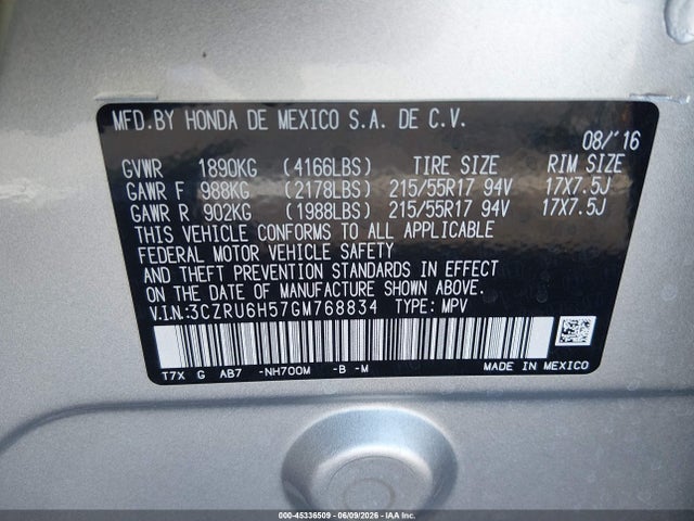 Aukcja sprzedaży 2016 Honda Hr-v Ex, vin: 3CZRU6H57GM768834, numer aukcji: 45336509