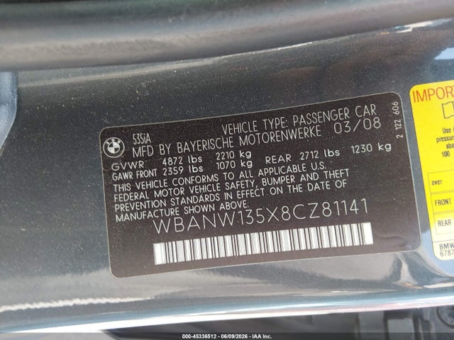 Aukcja sprzedaży 2008 Bmw 535i, vin: WBANW135X8CZ81141, numer aukcji: 45336512