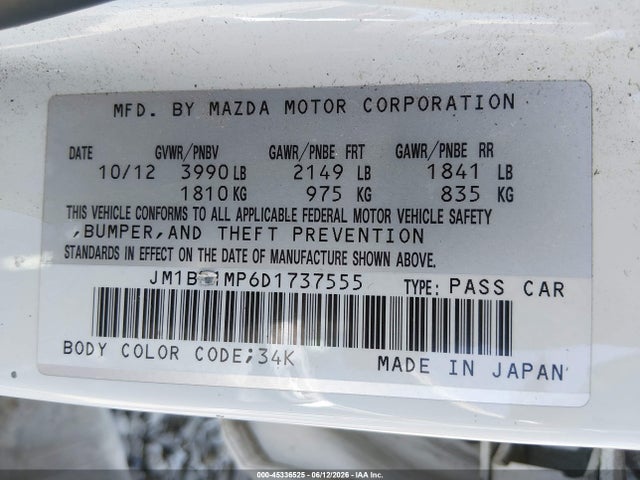 2013 Mazda Mazda3 I Grand Touring მანქანა იყიდება აუქციონზე, vin: JM1BL1MP6D1737555, აუქციონის ნომერი: 45336525
