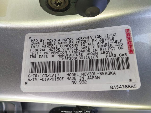 Aukcja sprzedaży 2003 Lexus Es 300, vin: JTHBF30G030116128, numer aukcji: 45336526