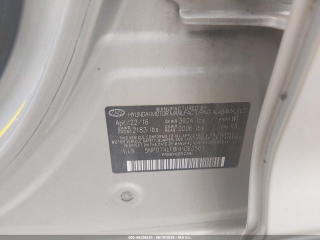 45336530 :رقم المزاد ، 5NPD74LF8HH062569 vin ، 2017 Hyundai Elantra Se مزاد بيع