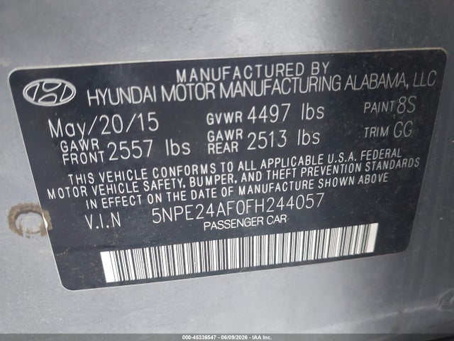 Aukcja sprzedaży 2015 Hyundai Sonata Se, vin: 5NPE24AF0FH244057, numer aukcji: 45336547
