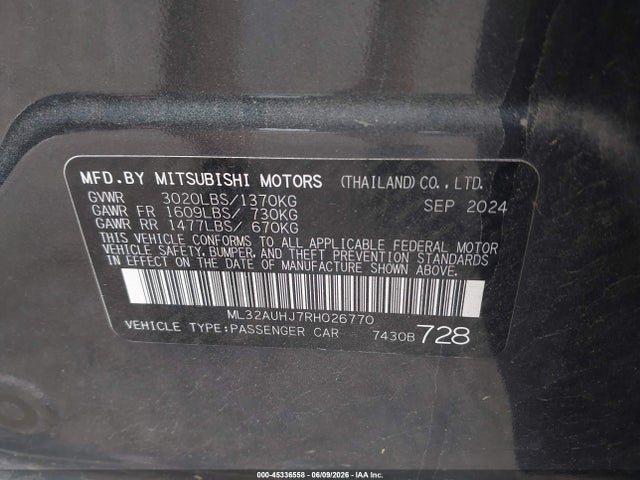 Aukcja sprzedaży 2024 Mitsubishi Mirage Es/le, vin: ML32AUHJ7RH026770, numer aukcji: 45336558