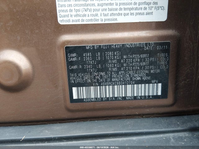 Продажа на аукционе авто 2011 Subaru Outback 2.5i Limited, vin: 4S4BRCKC6B3412704, номер лота: 45336571
