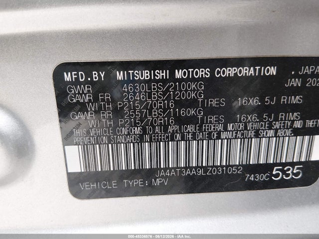 2020 Mitsubishi Eclipse Cross Es 1.5t Awc მანქანა იყიდება აუქციონზე, vin: JA4AT3AA9LZ031052, აუქციონის ნომერი: 45336576