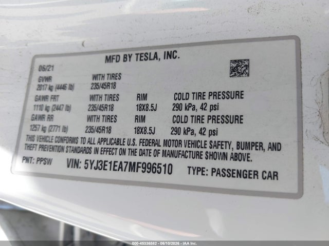 Продаж на аукціоні авто 2021 Tesla Model 3 Standard Range Plus Rear-wheel Drive, vin: 5YJ3E1EA7MF996510, номер лоту: 45336582