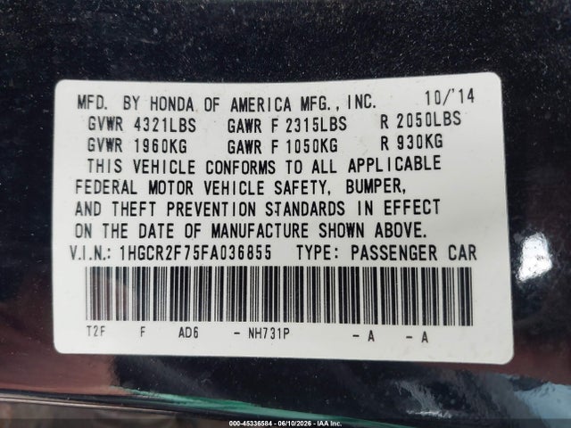 2015 Honda Accord Ex მანქანა იყიდება აუქციონზე, vin: 1HGCR2F75FA036855, აუქციონის ნომერი: 45336584
