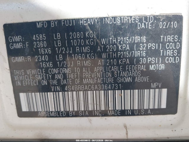 Aukcja sprzedaży 2010 Subaru Outback 2.5i, vin: 4S4BRBAC6A3364731, numer aukcji: 45336613